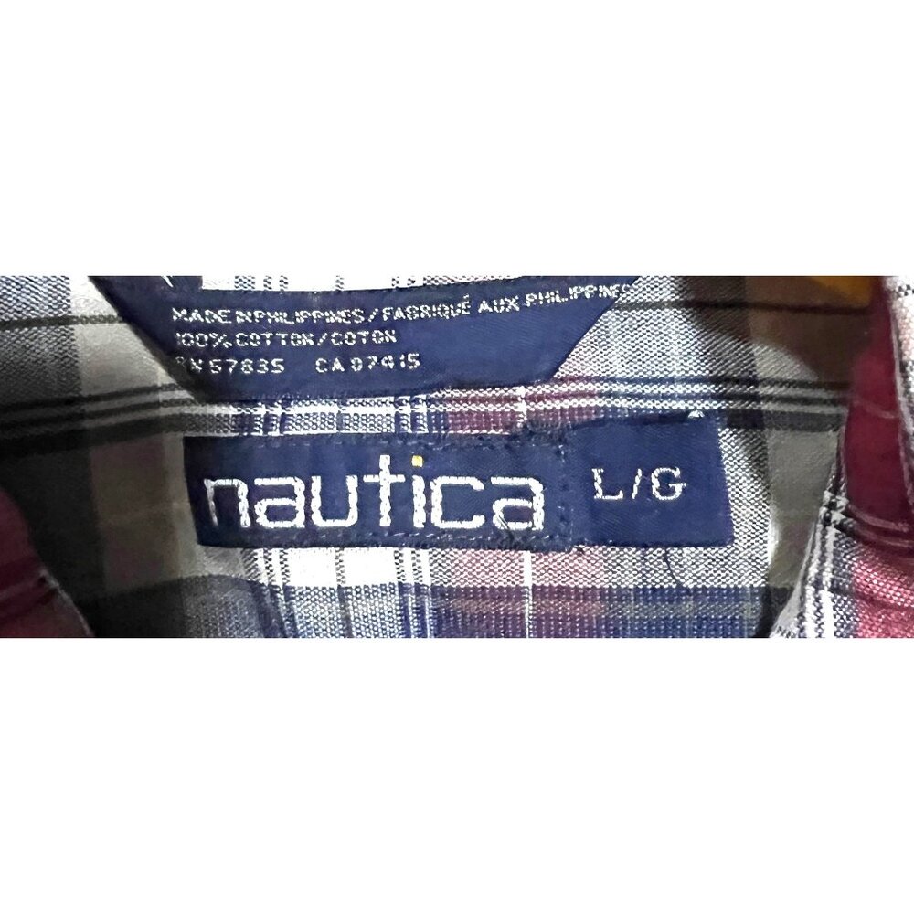 Nautica Mens Large Red & Blue Plaid Short Sleeve Button-Up Shirt - Picture 3 of 3